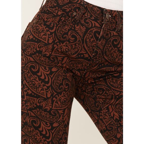 SHYANNE WOMEN'S PAISLEY PRINT SUPER FLARE JEANS in Chocolate Nwt Size 33 - Picture 2 of 6
